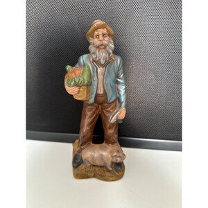 Vintage Farmer Figurine Holding Basket & Pig